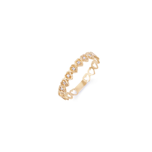 Anel Corações Cravejado em Ouro Amarelo 18k