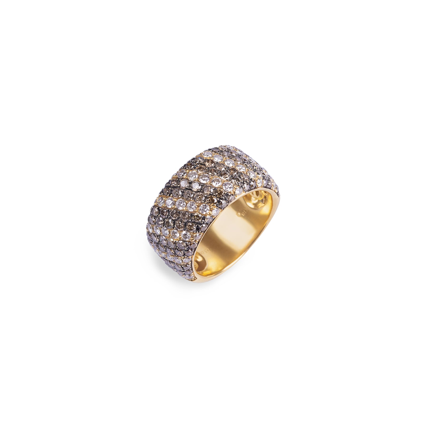 Anel Bombê Diamantes Chocolate e Branco em Ouro Amarelo 18k